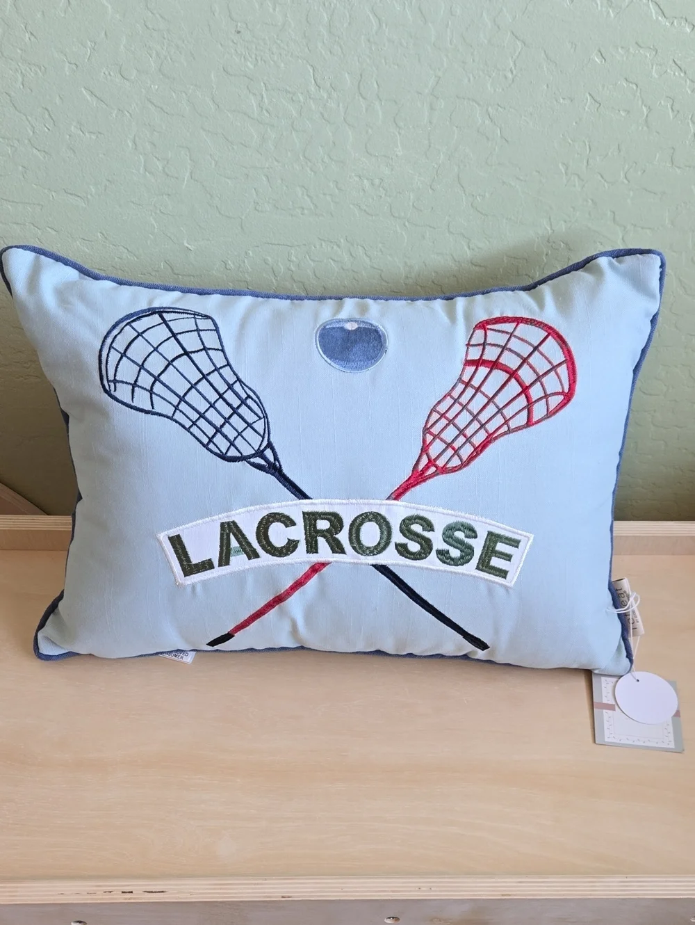 Lacrosse Embroidered Pillow with Blue Trim NEW 14x20in
